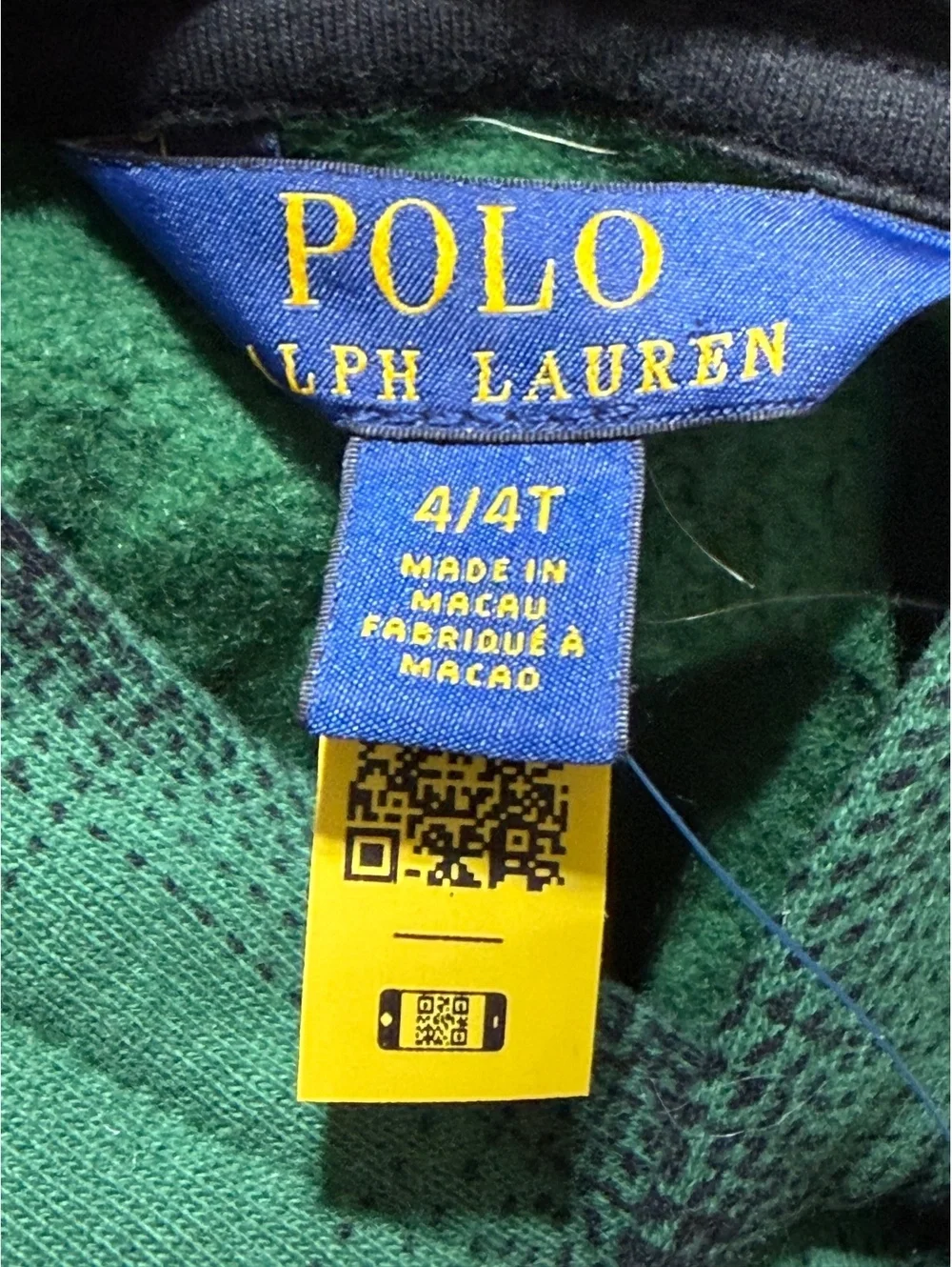 NWT Polo Ralph Lauren Boys Size 4 Green Watch Plaid Skiing Polo Bear Hoodie